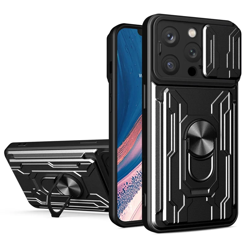 Bulk Purchasing For iPhone 16 Pro Case PC + TPU Kickstand Phone Back Cover with Camera Slider - Black