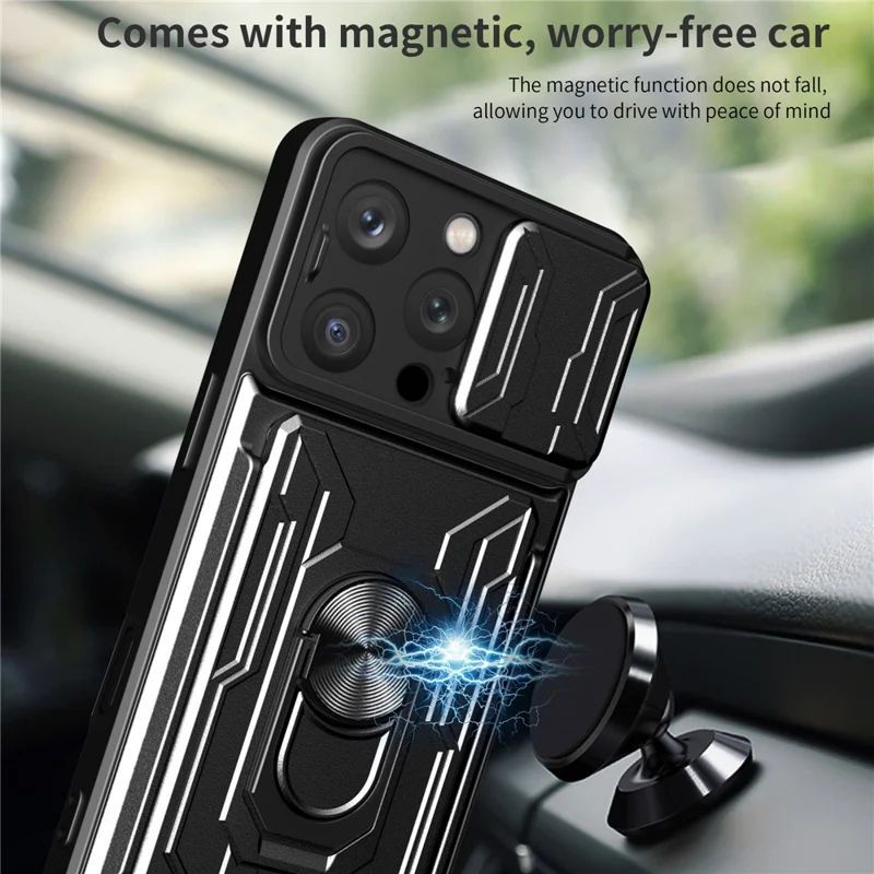Bulk Purchasing For iPhone 16 Pro Case PC + TPU Kickstand Phone Back Cover with Camera Slider - Black