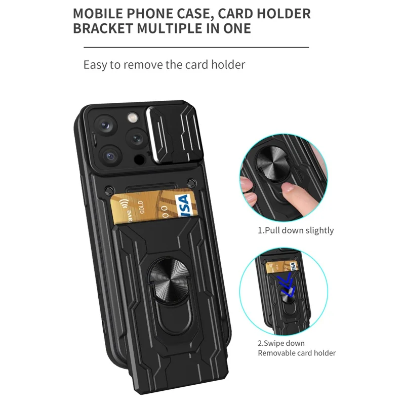 Bulk Purchasing For iPhone 16 Pro Case PC + TPU Kickstand Phone Back Cover with Camera Slider - Black