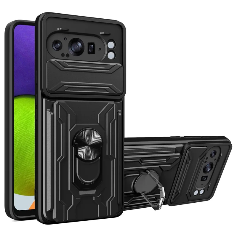 Compra a granel para funda de Google Pixel 9 Pro XL, carcasa de PC + TPU con soporte y protección de cámara deslizante - Negro