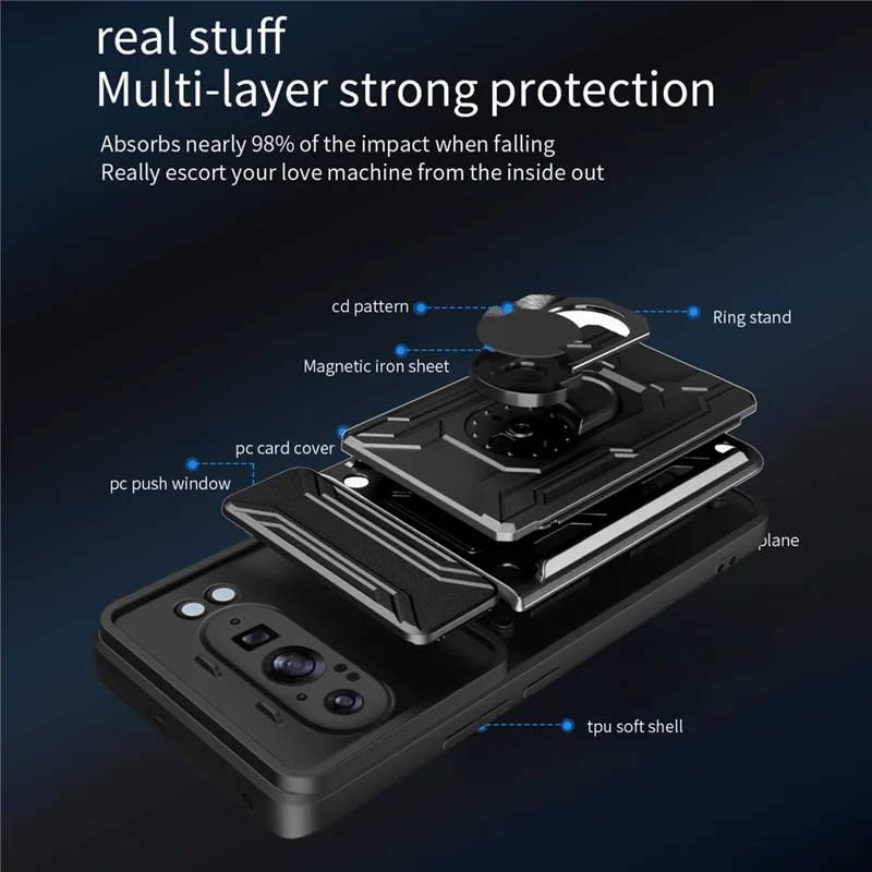 Compra a granel para funda de Google Pixel 9 Pro XL, carcasa de PC + TPU con soporte y protección de cámara deslizante - Negro