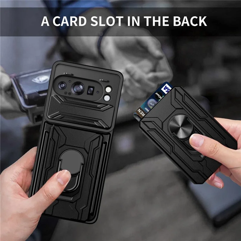 Compra a granel para funda de Google Pixel 9 Pro XL, carcasa de PC + TPU con soporte y protección de cámara deslizante - Negro