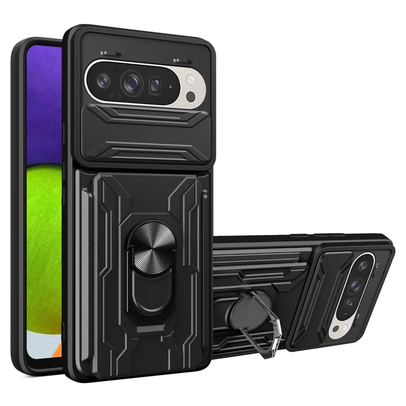 Bulk Purchasing For Google Pixel 9 Pro  /  Pixel 9 Case PC + TPU Kickstand Phone Back Cover with Camera Slider - Black