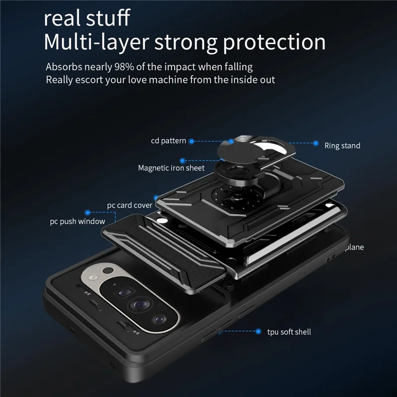 Bulk Purchasing For Google Pixel 9 Pro  /  Pixel 9 Case PC + TPU Kickstand Phone Back Cover with Camera Slider - Black
