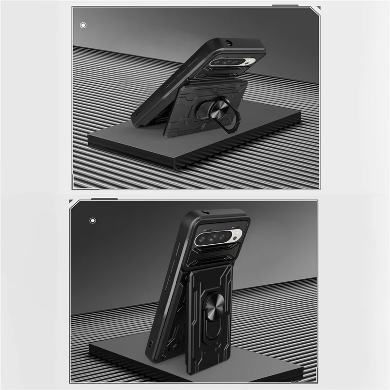 Bulk Purchasing For Google Pixel 9 Pro  /  Pixel 9 Case PC + TPU Kickstand Phone Back Cover with Camera Slider - Black