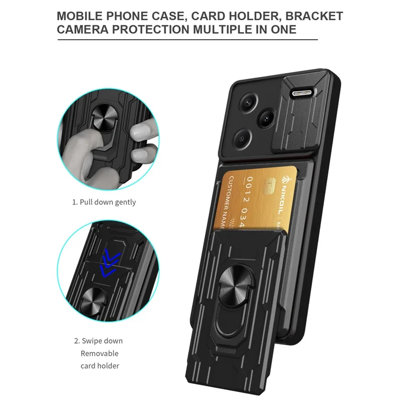 Bulk Purchasing For Xiaomi Redmi Note 13 Pro+ 5G Case PC + TPU Kickstand Phone Back Cover with Camera Slider - Black