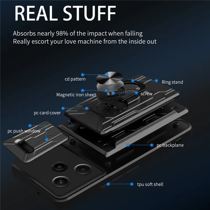 Bulk Purchasing For Xiaomi Redmi Note 13 Pro+ 5G Case PC + TPU Kickstand Phone Back Cover with Camera Slider - Black