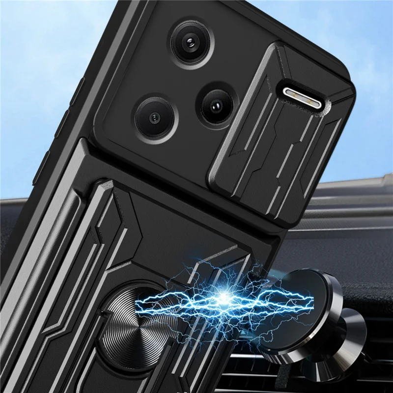 Bulk Purchasing For Xiaomi Redmi Note 13 Pro+ 5G Case PC + TPU Kickstand Phone Back Cover with Camera Slider - Black