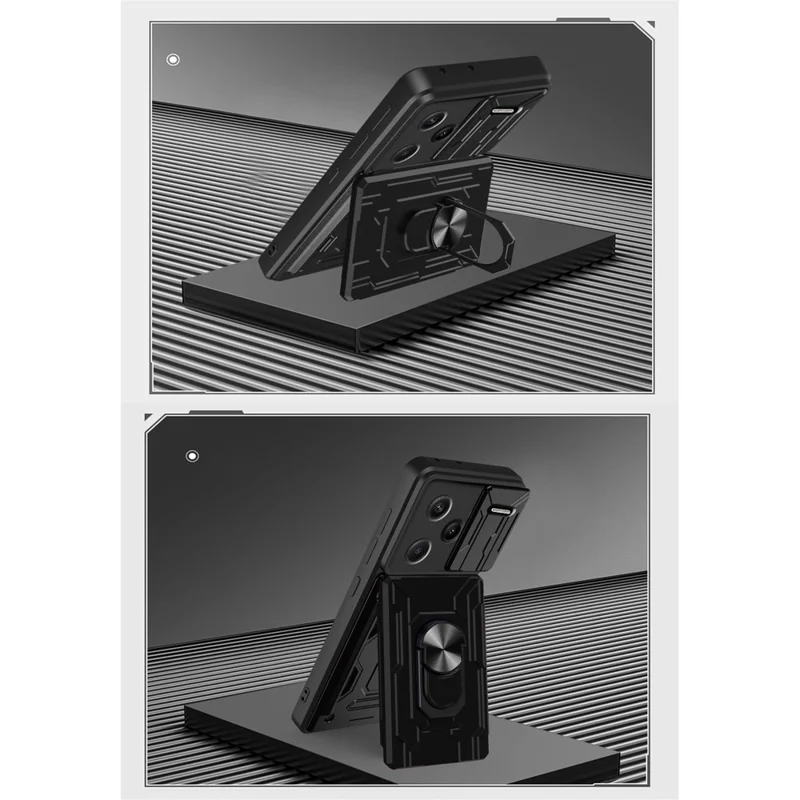 Bulk Purchasing For Xiaomi Redmi Note 13 Pro+ 5G Case PC + TPU Kickstand Phone Back Cover with Camera Slider - Black