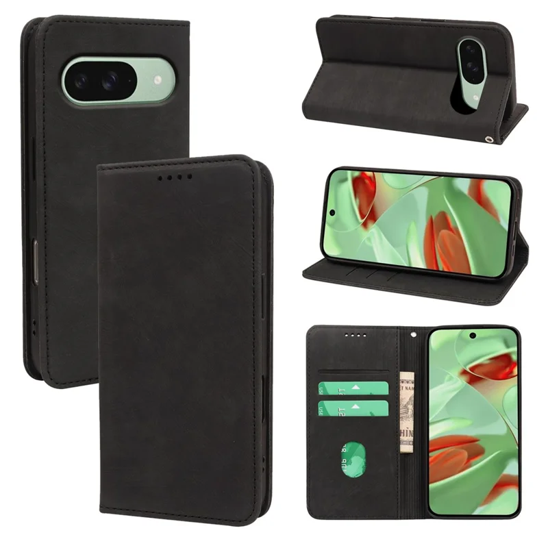 Capa para Google Pixel 9a Forte Carteira Magnética de Couro com Textura Listrada - Preta