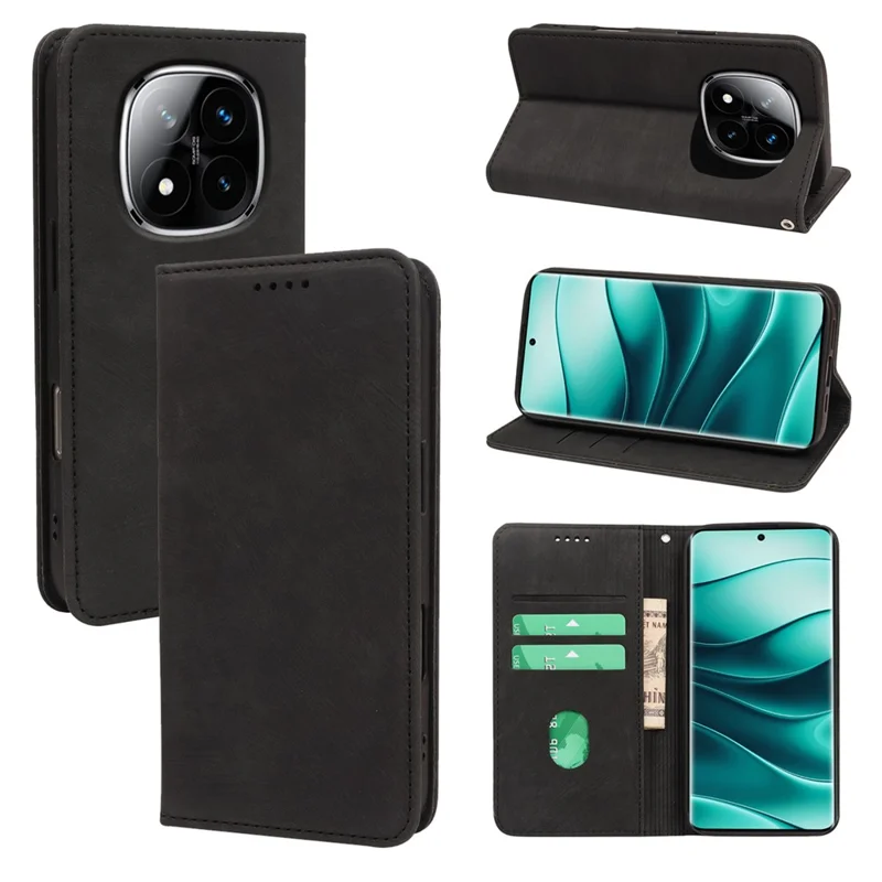 Capa para Xiaomi Redmi Note 14 Pro+ 5G com Carteira de Couro Magnética Resistente e Textura Listrada - Preto