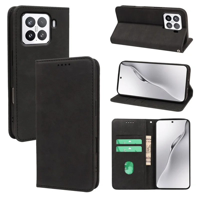 Capa para Xiaomi 15 com Carteira de Couro Magnética Resistente e Textura Listrada - Preto