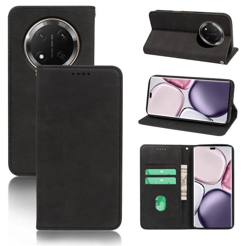 For Honor X60 Pro 5G / X9c 5G / Magic7 Lite 5G Case Strong Magnetic Leather Wallet Phone Cover with Striped Texture - Black