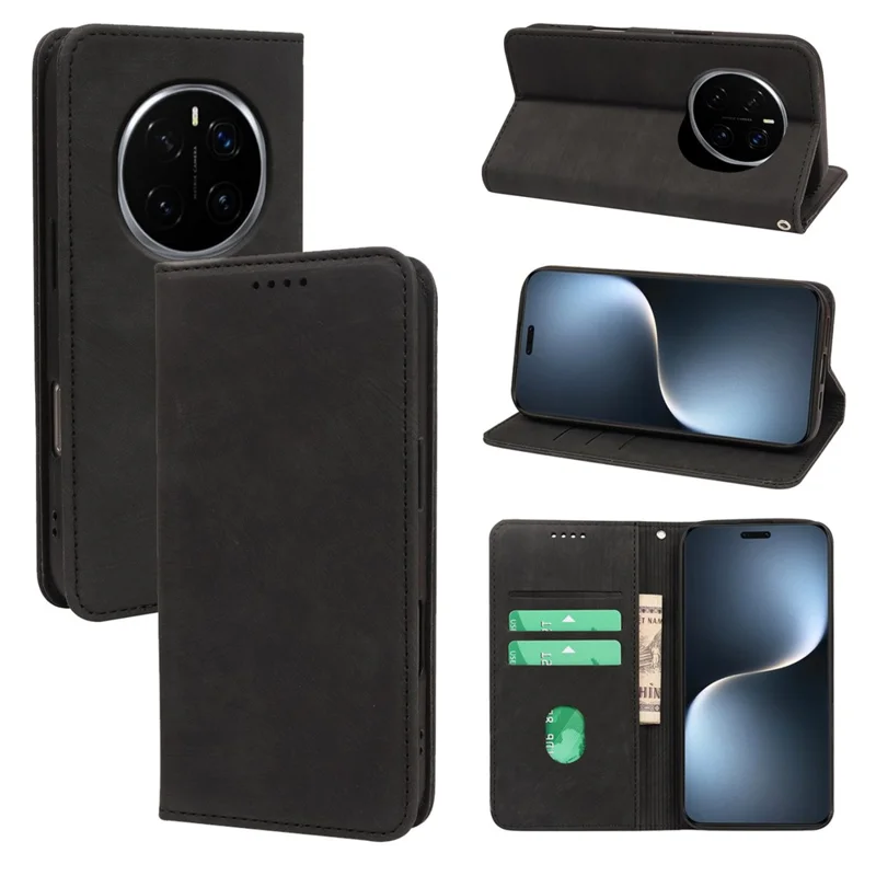 For Honor Magic7 Pro 5G Case Strong Magnetic Leather Wallet Phone Cover with Striped Texture - Black