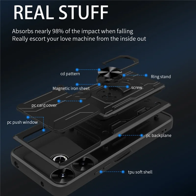 Acquisto all'ingrosso per custodia Xiaomi Redmi 13 4G PC + TPU con supporto, cover posteriore per telefono con scorrevole fotocamera - Nero