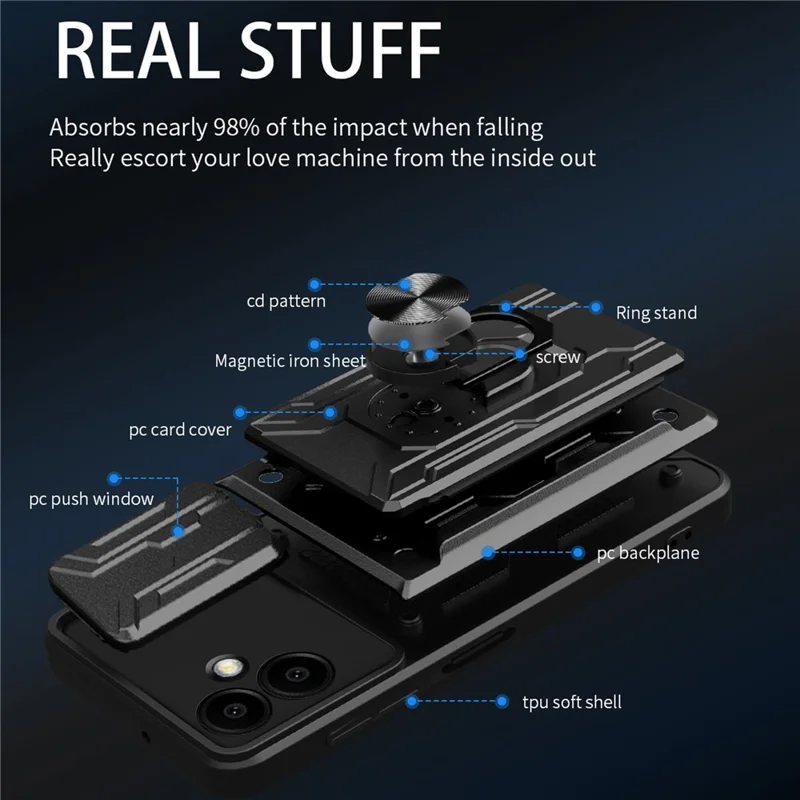 Bulk Purchasing For Samsung Galaxy A06 4G Case PC + TPU Kickstand Phone Back Cover with Camera Slider - Black