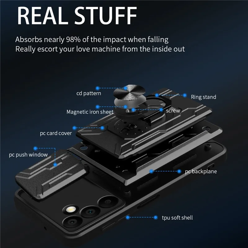 Acquisto all'ingrosso per Samsung Galaxy A16 5G / 4G Cover per telefono PC + TPU con supporto e scorrevole fotocamera - Nero