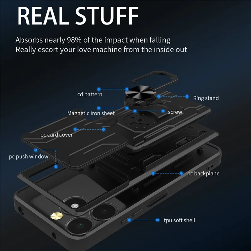 Bulk Purchasing For Realme C63 4G  /  C61 4G Case PC + TPU Kickstand Phone Back Cover with Camera Slider - Black