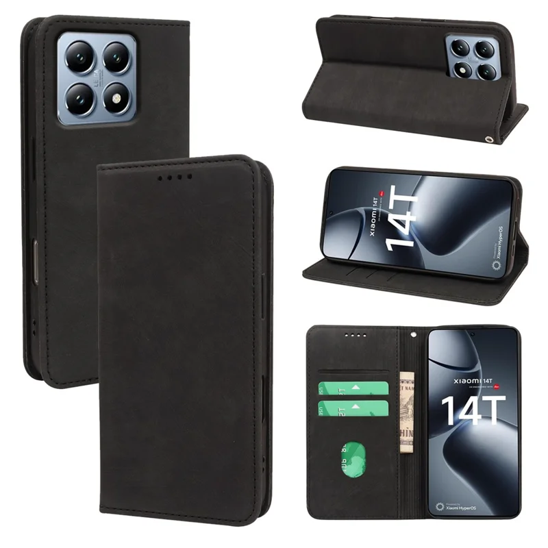 For Xiaomi 14T Case Strong Magnetic Leather Wallet Phone Cover with Striped Texture - Black