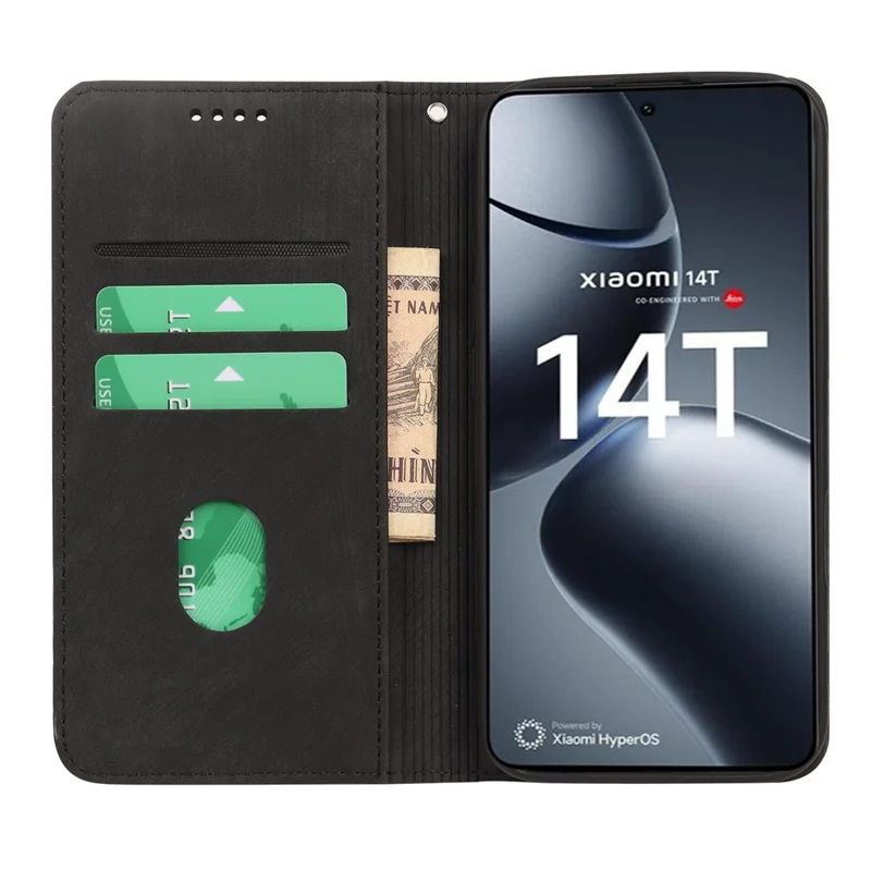 For Xiaomi 14T Case Strong Magnetic Leather Wallet Phone Cover with Striped Texture - Black