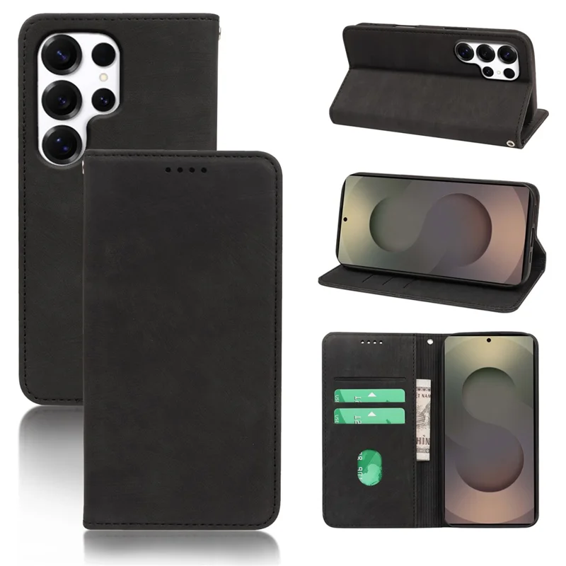 For Samsung Galaxy S24 Ultra Case Strong Magnetic Leather Wallet Phone Cover with Striped Texture - Black
