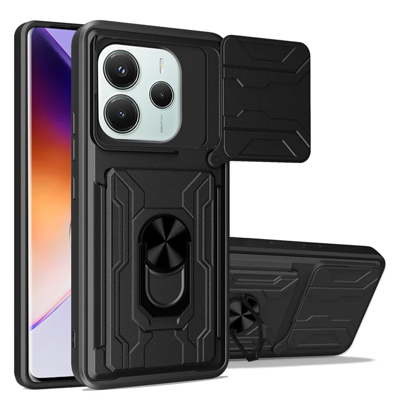 Bulk Purchasing For Xiaomi Redmi Note 14 5G Case PC + TPU Kickstand Phone Back Cover with Camera Slider - Black