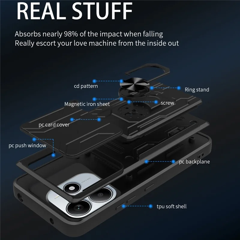 Bulk Purchasing For Xiaomi Redmi Note 14 5G Case PC + TPU Kickstand Phone Back Cover with Camera Slider - Black