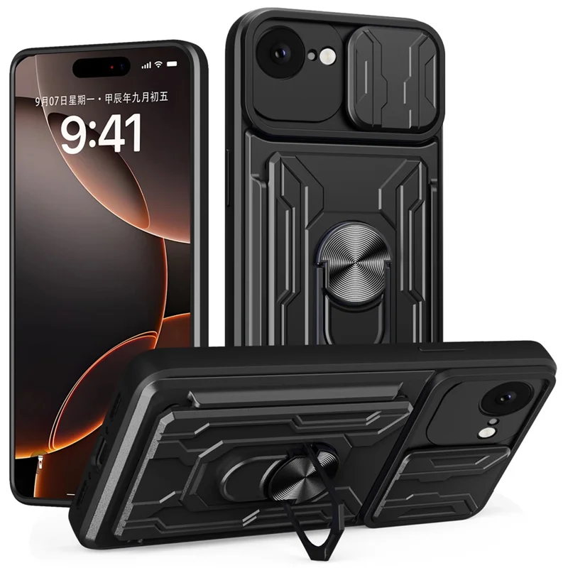 Bulk Purchasing For iPhone 16e Case PC + TPU Kickstand Phone Back Cover with Camera Slider - Black