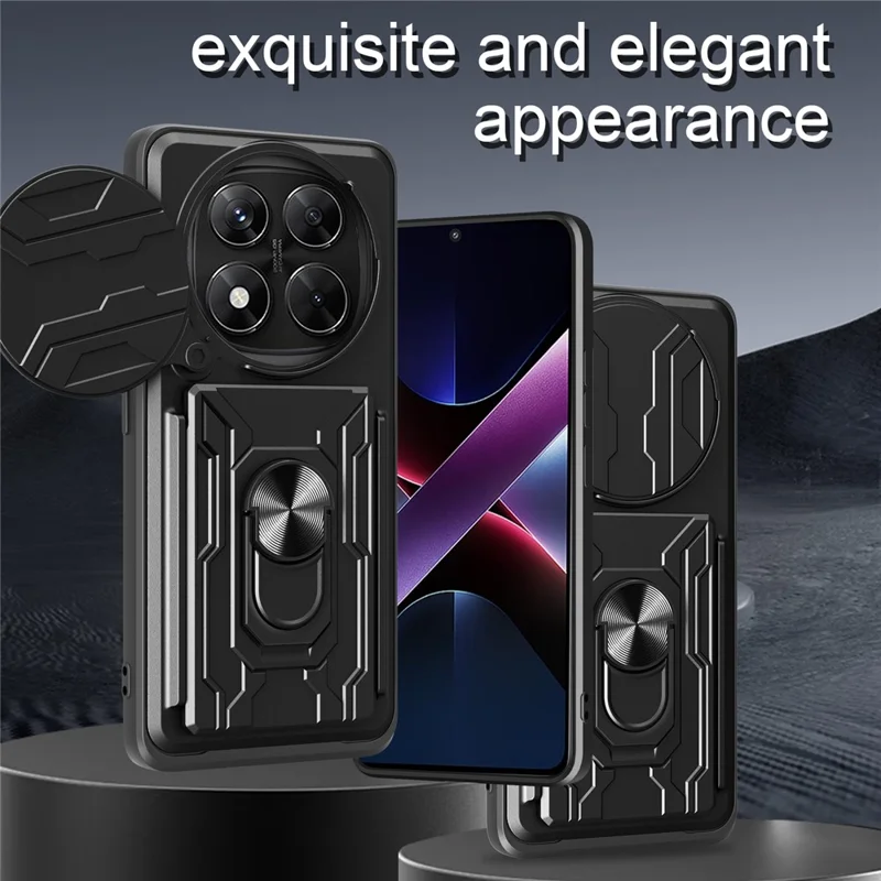 Achat en vrac pour Xiaomi Redmi Note 14 Pro 4G Étui PC + TPU Support Téléphone Arrière Couvercle avec Curseur de Caméra - Noir