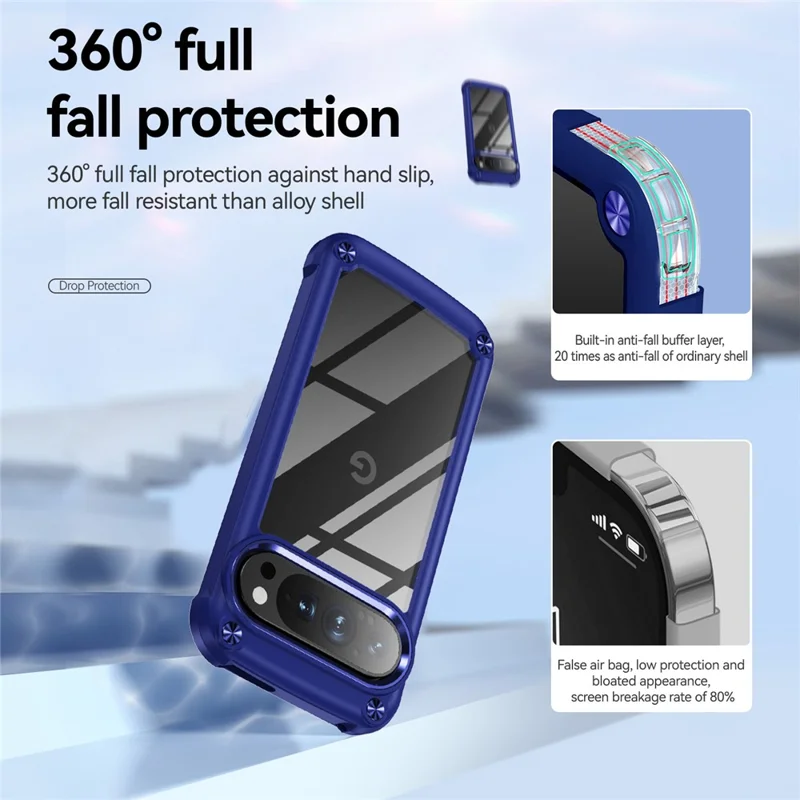 Bulk Purchasing For Google Pixel 9 Pro  /  Pixel 9 Case Anti-Drop Alloy Lens Frame PC + TPU Phone Cover - Blue