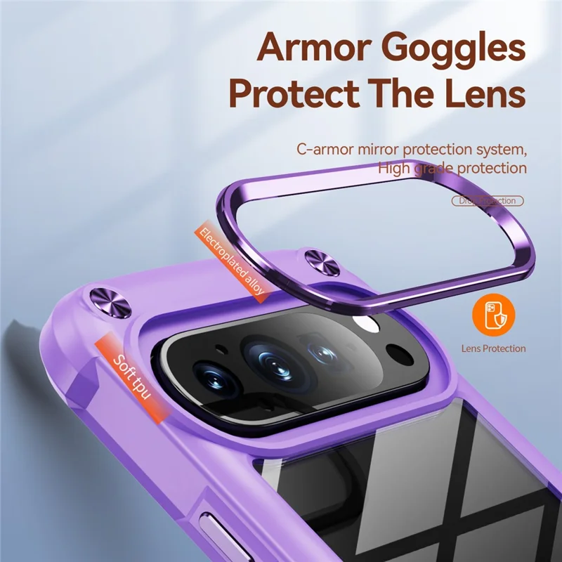 Bulk Purchasing For Google Pixel 9 Pro  /  Pixel 9 Case Anti-Drop Alloy Lens Frame PC + TPU Phone Cover - Purple