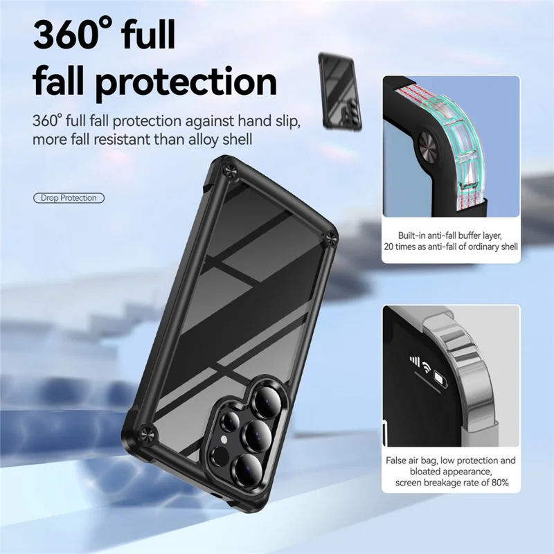 Bulk Purchasing For Samsung Galaxy S25 Ultra Case Anti-Drop Alloy Lens Frame PC + TPU Phone Cover - Black