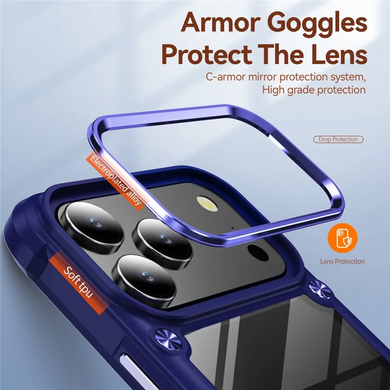 Bulk Purchasing For iPhone 17 Pro Case Anti-Drop Alloy Lens Frame PC + TPU Phone Cover - Blue