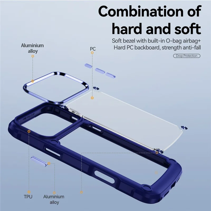Groothandel Voor iPhone 17 Pro Max Hoesje Tegen Vallen Met Legeringslensframe PC + TPU Telefoonhoes - Blauw