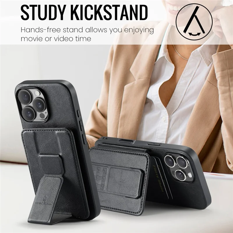 FIERRE SHANN 024 Étui avec Porte-Cartes et Support pour iPhone 16 Pro - Texture Cuir Ciré + Coque en TPU - Noir