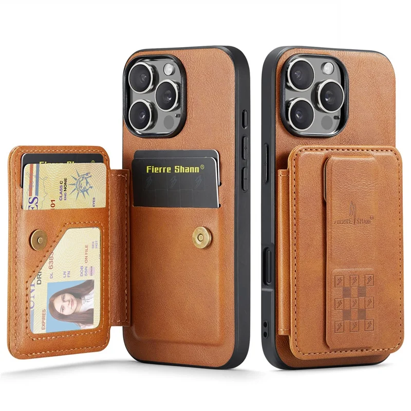 FIERRE SHANN 024 Funda para iPhone 16 Pro con Soporte y Tarjetero, Textura Cuero Encerado + Carcasa TPU - Marrón