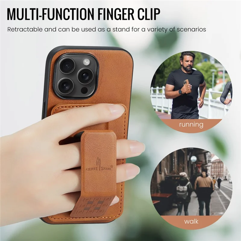 FIERRE SHANN 024 Funda para iPhone 16 Pro con Soporte y Tarjetero, Textura Cuero Encerado + Carcasa TPU - Marrón