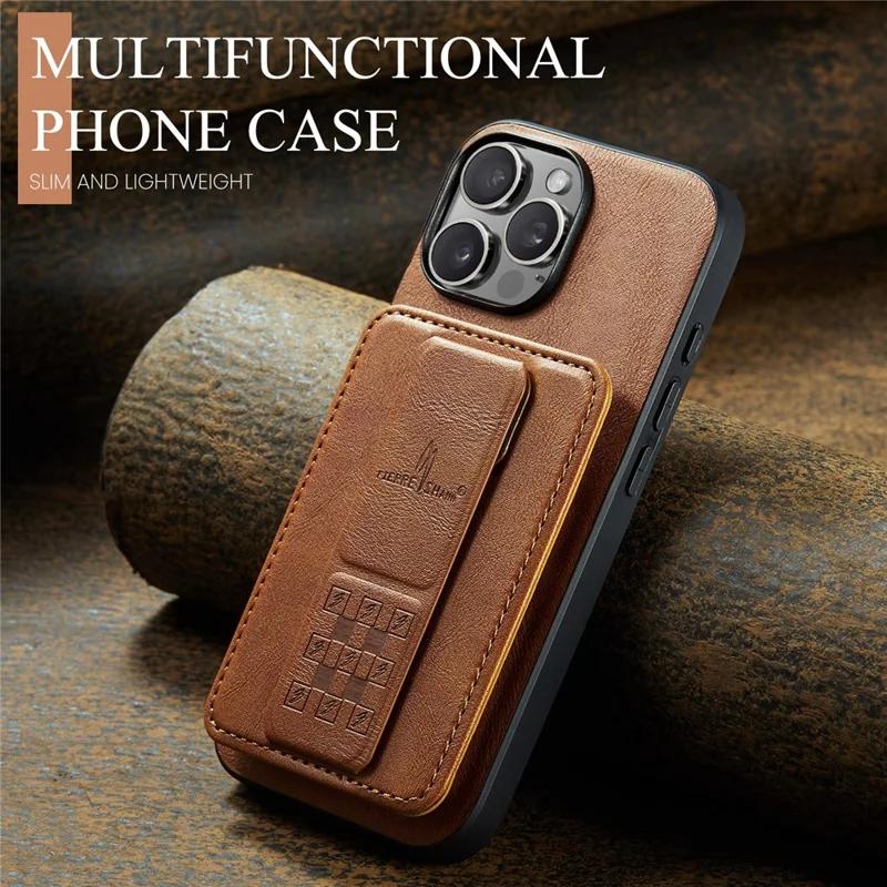 FIERRE SHANN 024 Funda para iPhone 16 Pro con Soporte y Tarjetero, Textura Cuero Encerado + Carcasa TPU - Marrón