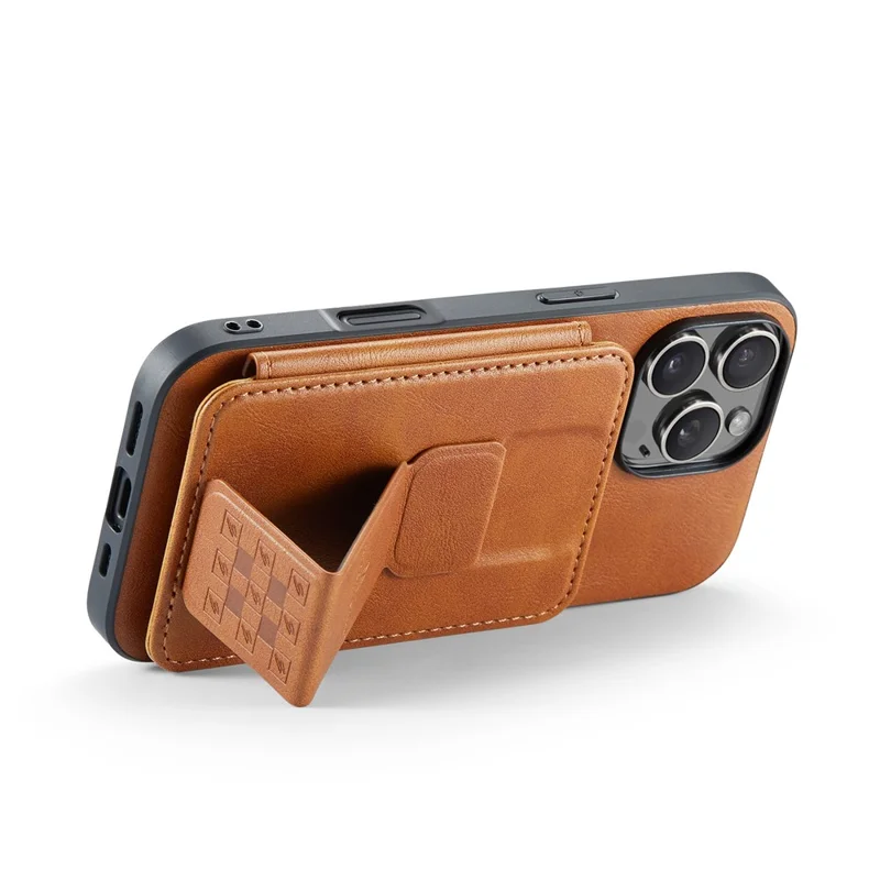 FIERRE SHANN 024 Funda para iPhone 16 Pro con Soporte y Tarjetero, Textura Cuero Encerado + Carcasa TPU - Marrón