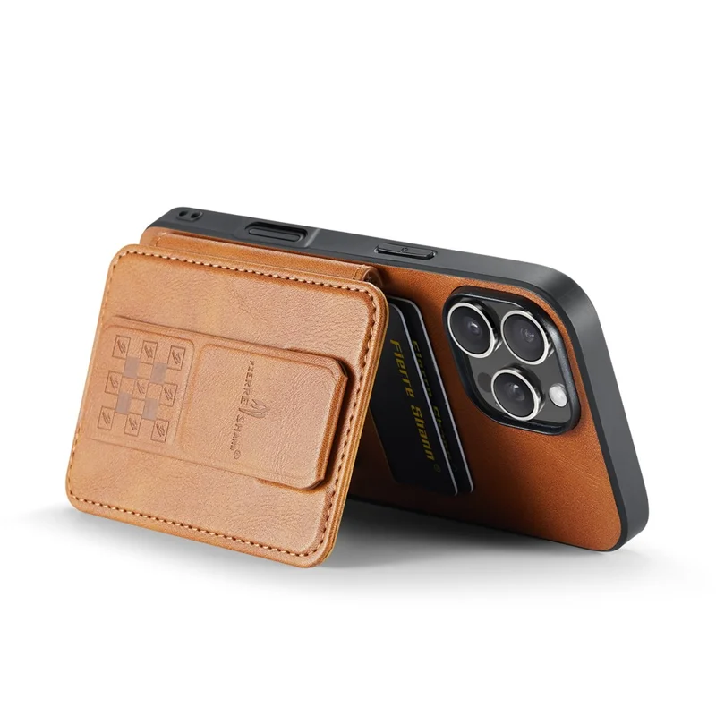 FIERRE SHANN 024 Funda para iPhone 16 Pro con Soporte y Tarjetero, Textura Cuero Encerado + Carcasa TPU - Marrón