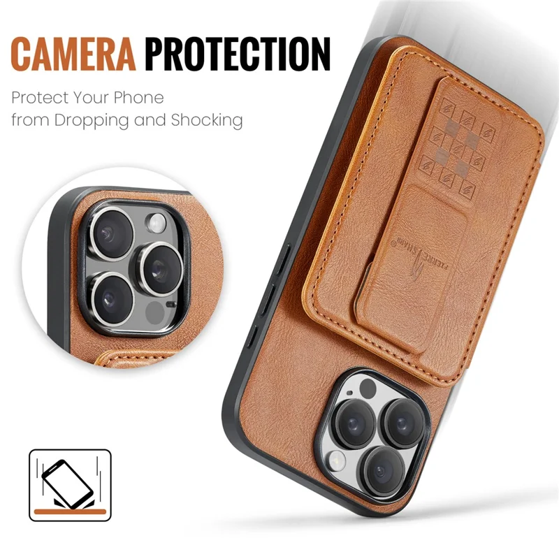 FIERRE SHANN 024 Funda para iPhone 16 Pro con Soporte y Tarjetero, Textura Cuero Encerado + Carcasa TPU - Marrón