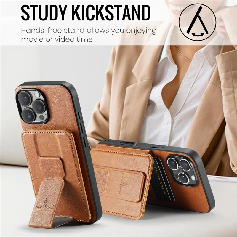 FIERRE SHANN 024 Funda para iPhone 16 Pro con Soporte y Tarjetero, Textura Cuero Encerado + Carcasa TPU - Marrón