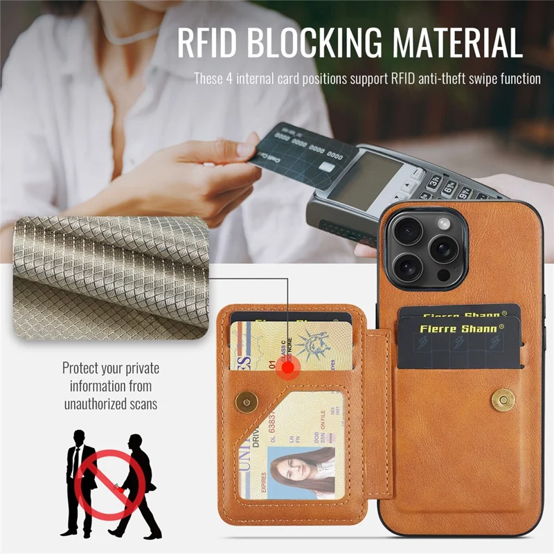 FIERRE SHANN 024 Funda para iPhone 16 Pro con Soporte y Tarjetero, Textura Cuero Encerado + Carcasa TPU - Marrón