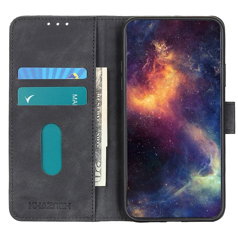 KHAZNEH Cell Phone Cover for Samsung Galaxy S23, Anti-scratch PU Leather Wallet Case Retro Texture Viewing Stand Phone Shell - Black