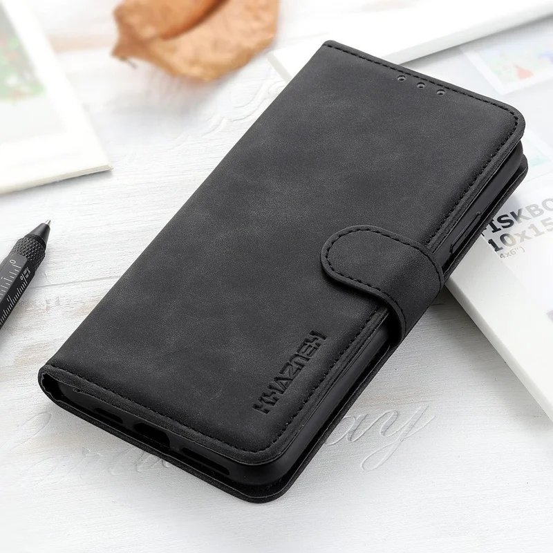 KHAZNEH Cell Phone Cover for Samsung Galaxy S23, Anti-scratch PU Leather Wallet Case Retro Texture Viewing Stand Phone Shell - Black