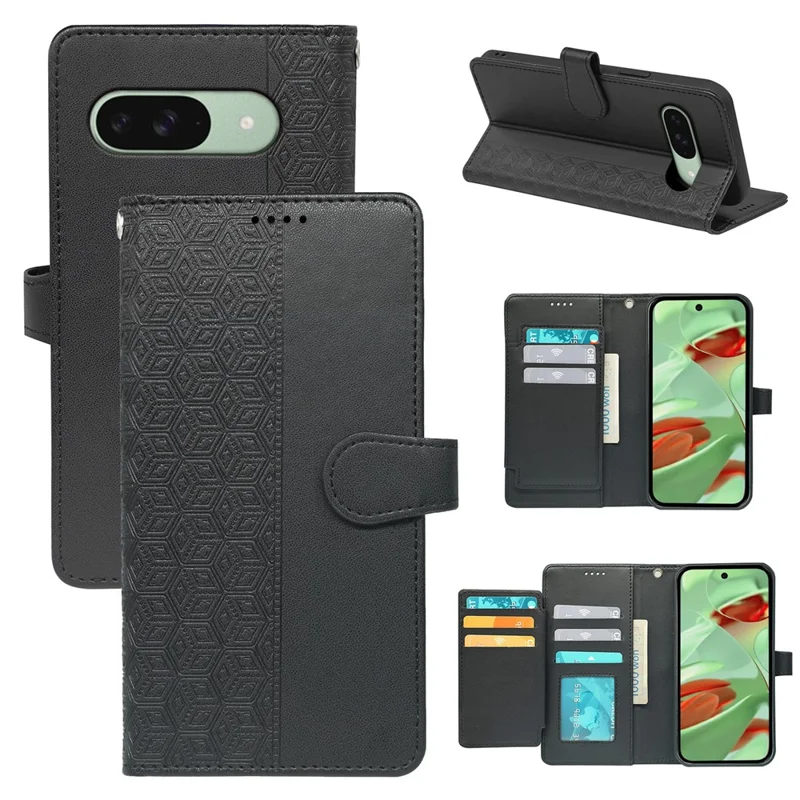 For Google Pixel 9 / 9 Pro Case with 9 Card Slots Checkered Pattern PU Leather Phone Cover - Black