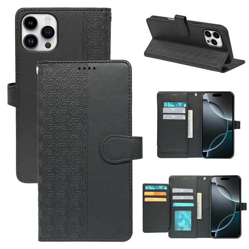 For iPhone 16 Pro Case with 9 Card Slots Checkered Pattern PU Leather Phone Cover - Black