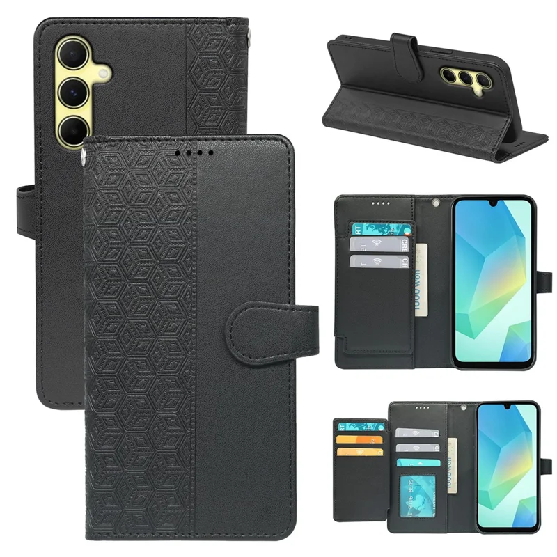 Zwart hoesje voor Samsung Galaxy S25 met 9 kaartslots en ruitpatroon van PU-leer