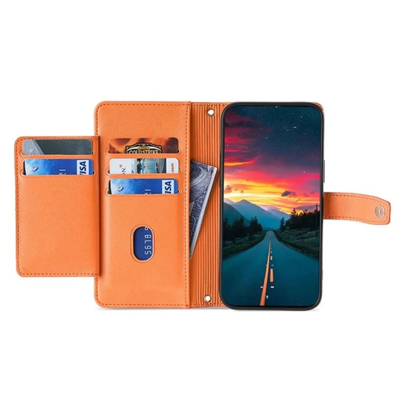 Funda de Cuero para Samsung Galaxy S25 con Bolsillo de Cremallera, Cartera y Correas - Naranja