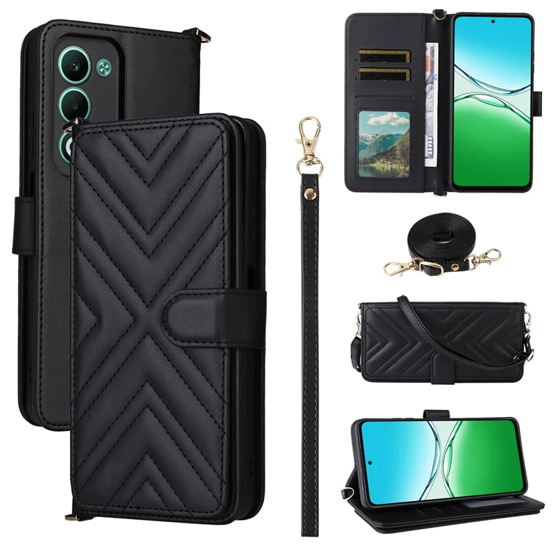 Etui na Oppo A5 5G / 4G / A5m z paskiem na ramię / na nadgarstek, skórzane etui z uchwytem, portfelem - Czarny